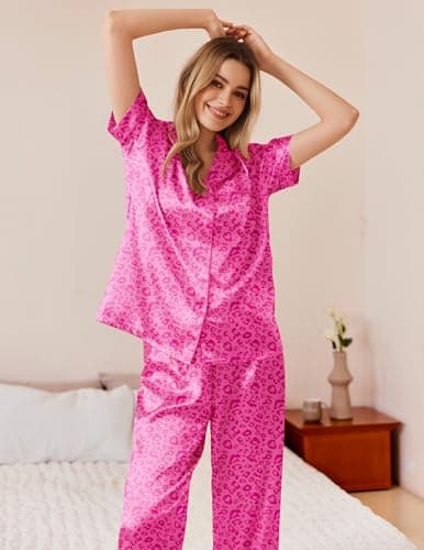 Ekouaer Womens Silky Satin Pajamas Set Short Sleeve Button Down Sleepwear 2 Piece Lounge Set Pj Set Hot Pink Leopard X-Large - Thumbnail 2
