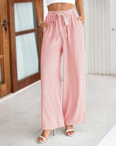 BTFBM Pants for Women 2026 Spring Clothes Striped High Waist Tie Knot Dressy Casual Wide Leg Palazzo Work Trousers Pants(Pink, XX-Large) - Thumbnail 4