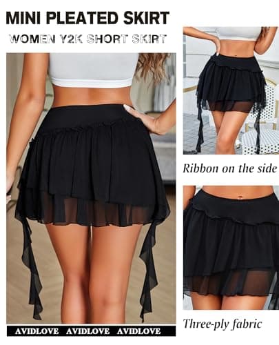 Avidlove Women's Pleated Mini Skirt Mesh Layered Ruffled Skirt Casual Ruffles Flowy Hem Black Medium - Thumbnail 2