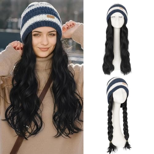 Benehair Beanie Wig Hair Extensions, Knitted Hats with Synthetic Water Wave Wig Hairpieces for Women Winter, 18 Inch Long Wavy Jet Black Hair with Blue & White Stripe Beanie - Image 1