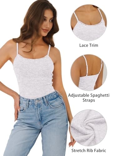 GKBK Spaghetti Strap Tank Top Womens Scoop Neck Lace Tank Ribbed Knit Slim Fitted Y2k Going Out Camisole Shirts Sleeveless Summer Tops Light Gray S - Thumbnail 6