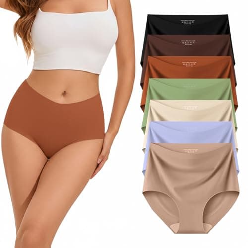 Ailongcity Womens Underwear High Waist Tagless 7 Pack Panties Seamless Full Coverage Briefs Silky Stretch (US, Alpha, X-Large, Regular, Regular, Orange/Marron/Nude/Green/Coffee brown/Purple/Black)