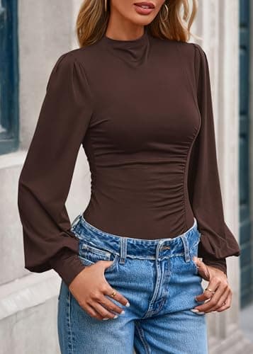 KIRUNDO Blouses for Women Dressy Casual 2026 Spring Tops Fall Puff Long Sleeve Shirts Fitted Mock Neck Ruched Trendy Tops(Brown, XX-Large) - Thumbnail 4