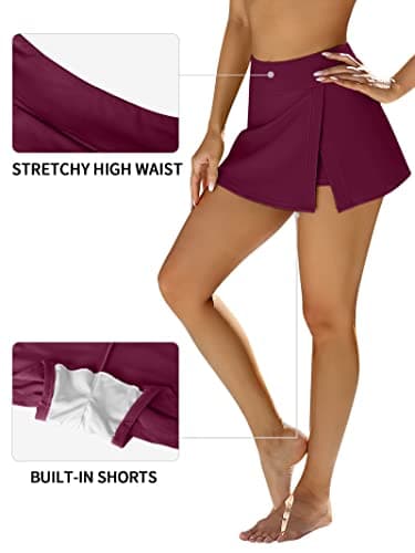 ANFILIA Women Sporty Swim Skirts Bottoms Tummy Control Swimsuit Skirt Dress Wine Red L - Thumbnail 5