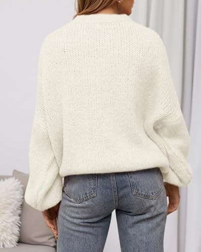 BTFBM Sweaters for Women Fall 2026 Crew Neck Lantern Long Sleeve Oversized Sweater Casual Knit Winter Pullover Tops(White, X-Large) - Thumbnail 3