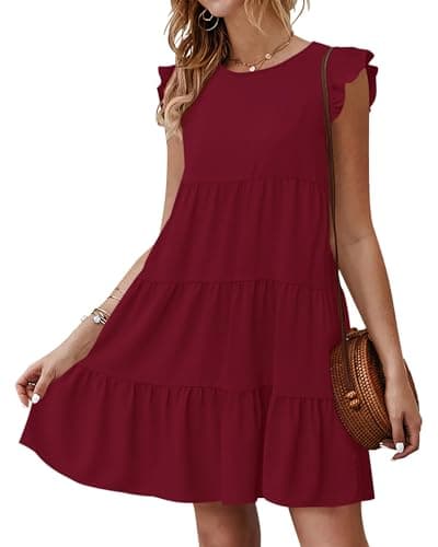 KIRUNDO Wedding Guest Dresses for Women Short Summer Sleeveless Ruffle Sleeve Round Neck Loose Short Flowy Pleated Tiered Mini Dress(Wine Red, Small) - Image 1