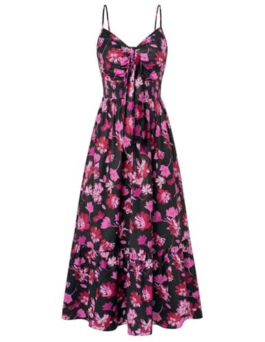 GRACE KARIN Womens Summer Floral Maxi Dresses 2026 Long Flowy Boho Dress Beach Vacation Sundresses Casual Clothes with Pocket Black Pink Floral 2XL - Image 1