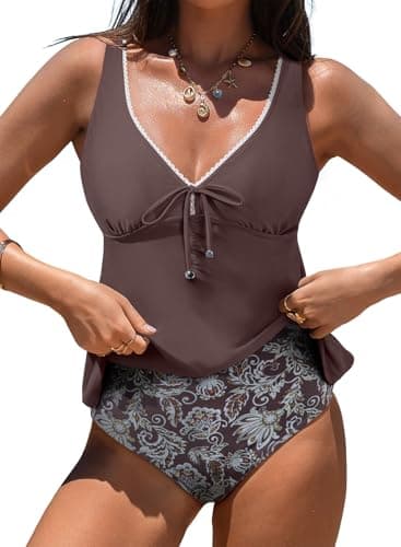 Aleumdr Fashion Tankini Set for Women Drawstring Knot Swimsuits Tummy Control Swimwear Ruched Bathing Suit Tankini Top with Bottom Dark Brown Small - Image 1