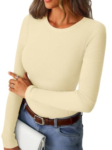GKBK Womens Long Sleeve Ribbed Tops Slim Fitted Tight Basic T-Shirts Crewneck Layering Lightweight Fall Sweaters 2026 Fashion Outfits Light Yellow - Image 1