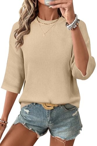 Arach&Cloz 2026 Women's Cotton Spring Summer Crochet Tops Crew Neck 3/4 Half Drop Short Sleeve Hollow Out Oversized Resort Wear Sweater Casual Vacation Outfits Fashion Trendy Shirts Light Khaki XXL - Image 1