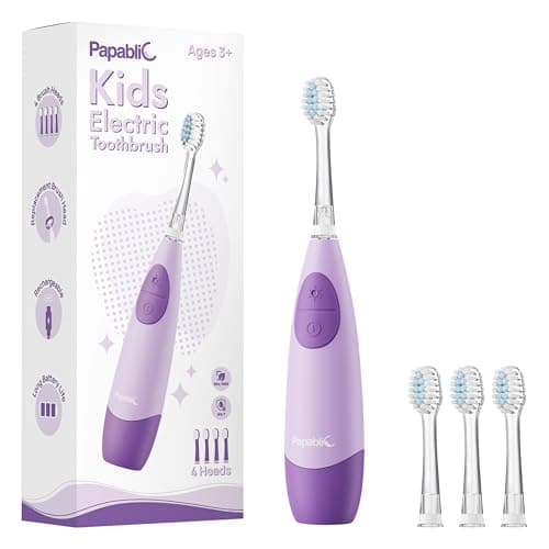 Papablic Kids Electric Toothbrush for Ages 4+ Children Girls and Boys, USB Rechargeable with Smart Brushing Timer, LED Light & 4 Replacement Brush Heads, Purple - Image 1