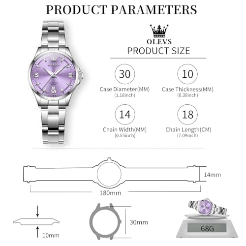 OLEVS Watch Women Luxury Dainty Simple Purple Small Watches for Women Tiny Elegant Vintage Ladies Watch with Date Silver Stainless Steel Waterproof Minimalist Analog Bracelet Women's Wrist Watches - Thumbnail 5