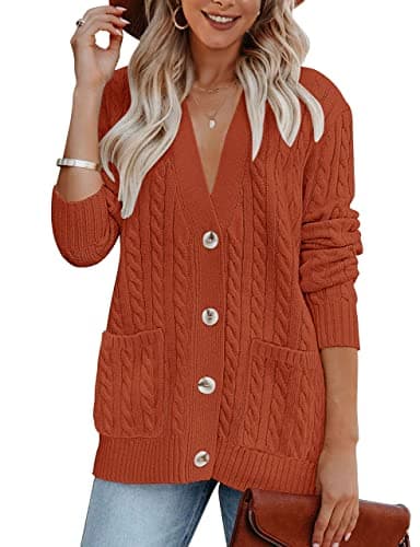 MEROKEETY Women's 2025 Fall Cable Knit Cardigan Sweater Chunky Button Up Open Front Long Sleeve Outwear Coat,Rust,S - Image 1