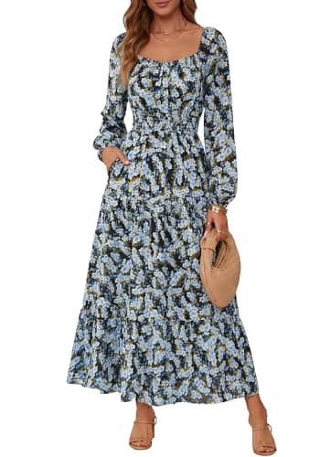 BTFBM Long Sleeve Dress for Women 2026 Spring Fall Boho Floral Square Neck Casual Flowy Long Wedding Guest Maxi Dresses(Floral Blue Yellow, Medium) - Thumbnail 2