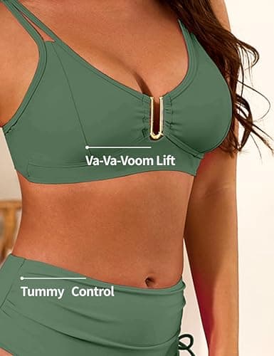 Nillocco Womens High Waisted Bikini Sets 2 Piece Curvy Modest Tummy Control Swimsuits Couture U-Wire Beach Swim Bathing Suit Army Green X-Large - Thumbnail 3