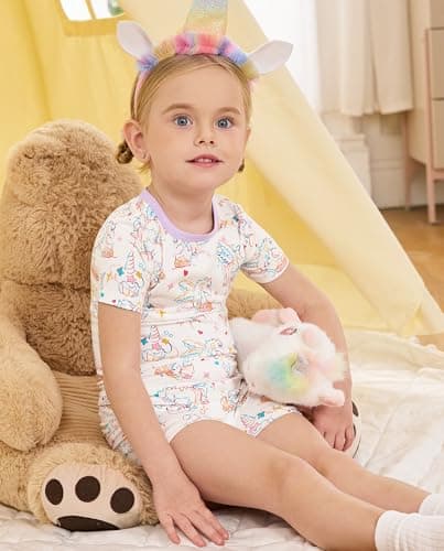 babee Reshinee Bamboo Viscose Toddler Unicorn Girls Kids Pajamas Short Sleeve Summer Cool Snug fit Pjs 18M-24M 2pcs - Thumbnail 5