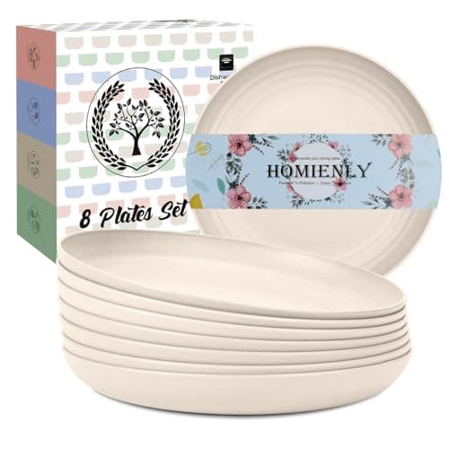 Homienly Plastic Dinner Plates, Wheat Straw Plates 11 Inch, Lightweight Unbreakable Plates Set of 8, Microwave Safe Plates, Deep Plates for Dinner - Beige