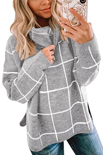 ECOWISH Women Fall Pullover Sweater Turtleneck Plaid Long Sleeve Loose Casual Chunky Checked Knit Winter Sweaters Jumper Tops 014gray S - Image 1