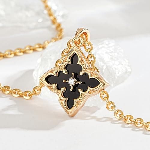 Fettero Gold Necklace for Women Dainty 14K Gold Plated Clover Necklace Colorful Lucky Pendant Charm Necklaces for Women Statement Jewelry - Black Onyx - Thumbnail 4