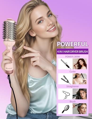 ZM ZHEMEI 1300W Hair Dryer Brush,4 in 1 Blow Dryer Brush Anti-frizz Ceramic Titanium Barrel with ALCI Safety Plug Professional Salon Hot Air Brush for All Hair Types (Rosegold) - Thumbnail 2