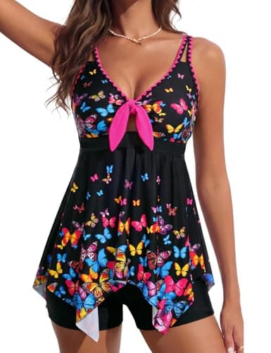 Hanna Nikole Tankini Swimsuits for Women 2026 Full Coverage 2 Piece Bathing Suit Flowy Floral Print Swim Dress Colorful Butterflies XL - Image 1
