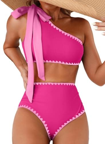 Herseas Women's Hot Pink Bikini Sets 2 Piece One Bow Shoulder Padded Cute Swim Suit Cut Out Back 2026 High Waisted Teen Trim Bathing Suit Casual Beach Vacation Clothes Large - Image 1