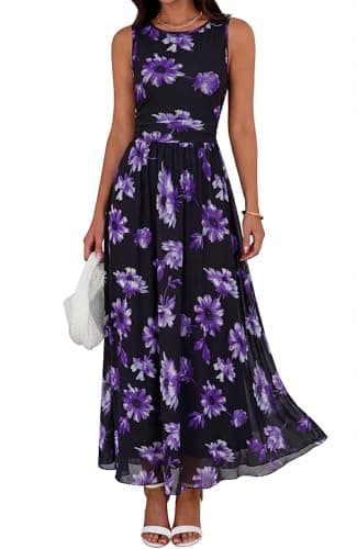 BTFBM Summer Dresses for Women 2026 Floral Maxi Dress Sleeveless Mesh Flowy Long Sundress Beach Vacation Clothes Pockets(Black Purple Flower, X-Large) - Image 1