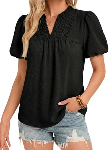 Funlingo Womens Boho Tops Summer Short Puff Sleeve V Neck Blouses Dressy Casual Flowy Swiss Dot Lace Crochet Babydoll Shirts Trendy Clothes 2026 Black 3XL - Image 1