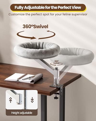 tomxcute Cat Desk Bed - Integrated Die-Cast Arm for Stability - 360° Rotation & Height Adjustable - 45 lbs Support - Cat Desk Perch for S/M/L Cat - Removable Washable Office Cat Bed with Wooden Base - Thumbnail 4