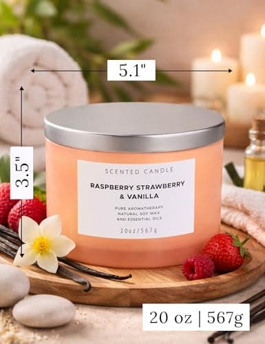 Raspberry Strawberry Vanilla 4-Wick Scented Soy Candle | 100+ Hour Burn | 20 oz Large Sweet Berry Vanilla Scented Candle for Home | Relaxing Aromatherapy Candle | Strong Throw | Gift Ready - Thumbnail 5