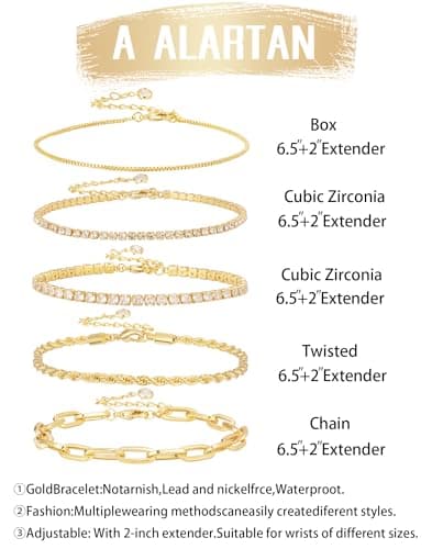 Gold Bracelets for Women 14K Gold Plated Stack Trend Bracelets Charm Paperclip Chain Cuban Link Layered Waterproof Bracelet Dainty Bracelet for Women Jewelry Gifts (Gold 5Pcs) - Thumbnail 3