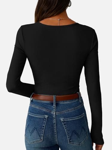 GKBK Ribbed Long Sleeve Tops for Women Henley Neck Slim Fitted Tight Basic Tee Tshirts Cute Fall Tops 2025 Trendy Outfits Clothes Black L - Thumbnail 5