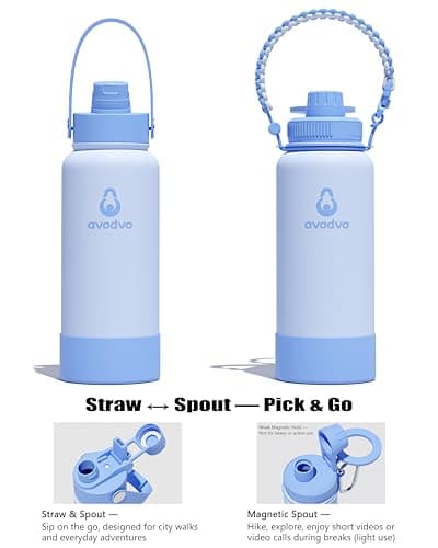 avodvo 32 oz Insulated Water Bottle with 2 Lids (2-in-1 Straw & Spout Lid, Magnetic Lid), Slim Water Bottle with Strap, Stainless Steel Water Bottle for Hiking, Gym, Travel, BPA-Free, Light Blue - Thumbnail 3