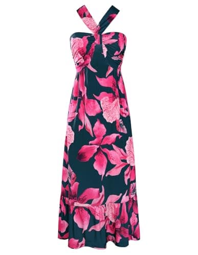 Women's 2026 Summer Floral Maxi Dress Criss Cross Halterneck Sleeveless Flowy A Line Boho Beach Vacation Casual Dress Rose Red Flowers S - Image 1