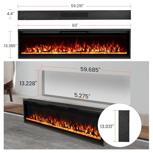 TUAN Electric Fireplace Inserts, Ultra Thin Wall Mounted Fireplace with Remote Control, Multicolor Realistic Flame, Touch Screen, Thermostat, Timer, 750w/1500w (Log & Crystal Included) (60 inch) - Thumbnail 6
