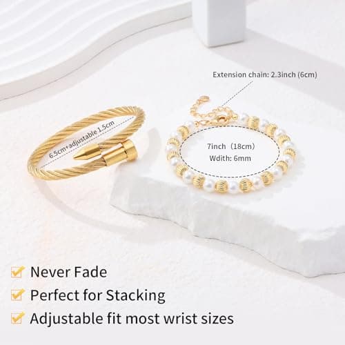 LCTrusttmor Gahna 18K Gold Plated Bangle Bracelet for Women, Non-Tarnish Stackable Nail Bracelets Set With Beaded, Dainty Adjustable Cubic Zirconia Snake Chain With Pearl Crystal Beaded, Trendy Jewelry Mother's Day Birthday Gifts for Lover Mom Her - Thumbnail 4