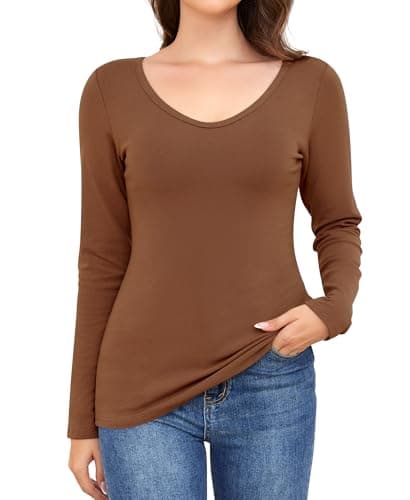 Ganado Long Sleeve Shirts for Women V Neck Thermal Shirt Layering Undershirts Plain Fitted Basic Tops (Coffee, X-Small) - Image 1