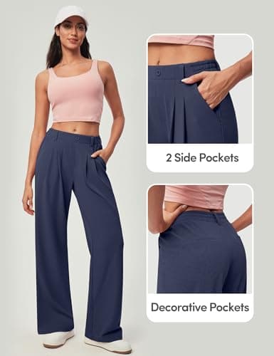 IUGA Wide Leg Pants Woman Pull on Stretchy Work Dress Pants High Waisted Business Casual Trousers Slacks Petite, X-Small, Dark Blue - Thumbnail 5