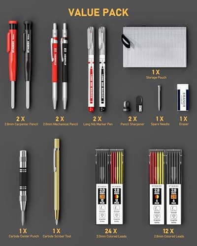 17 Pack Mechanical Carpenter Pencil Set with Sharpener 40 Refills, Automatic Center Punch, Carbide Scribe Tool, Eraser and Deep Hole Marker Pen, Heavy Duty Construction Pencil for Architect with Pouch - Thumbnail 6