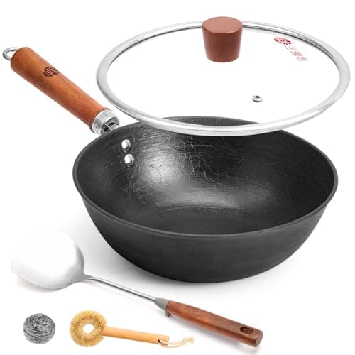 WANGYUANJI Cast Iron Wok Pan with Lid, 10.2 Inch Small Flat Bottom Stir Fry Skillet, Uncoated Traditional Chinese Iron Pot for 1-2 People, Compatible with Induction & Gas Stoves - Image 1