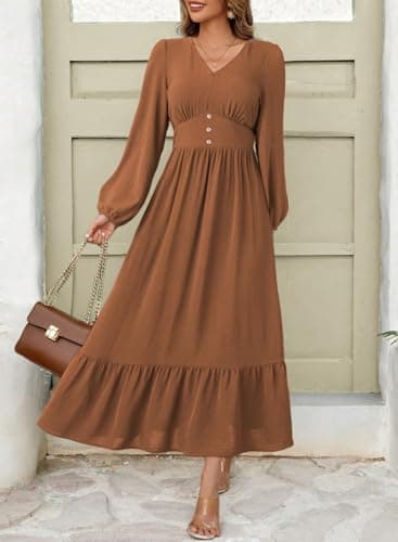 Dokotoo Womens Dresses Sexy V Neck Dresses for Women 2025 Elegant Classy Trendy Long Sleeve Solid Color Italian Dress Tiered Maxi Dress Ruffle A-Line Boho Beach Vacation OutifitsXX-Large - Thumbnail 3