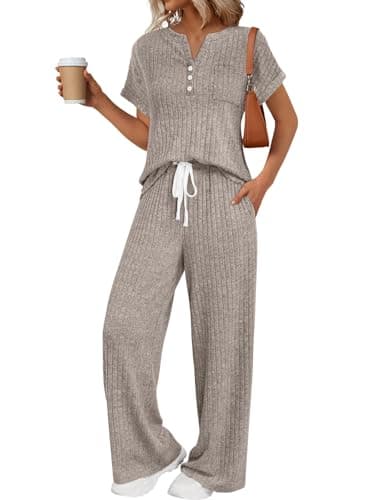 LILLUSORY Women 2 Two Piece Matching Lounge Sets 2026 Spring Summer Beach Vacation Clothes Pajamas Top Wide Leg Pants Sweat Suits Airport Travel Outfits Casual Sweatsuit Fashion Loungewear - Image 1