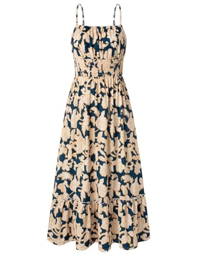 GRACE KARIN Summer Dresses for Women 2026 Vacation,Smocked Floral Maxi Dresses,Boho Beach Long Sundress Navy Flower XL - Image 1