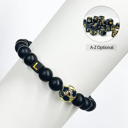 GIGLIM Soccer Initial Bracelet for Boys Men 18K Gold Plated Brass Soccer Charm with 19 Obsidian Beads & 2 Tiger Eye Pendants Inspirational Sport Bracelet Birthday Easter Son Grandson Nephew Friend - Thumbnail 6