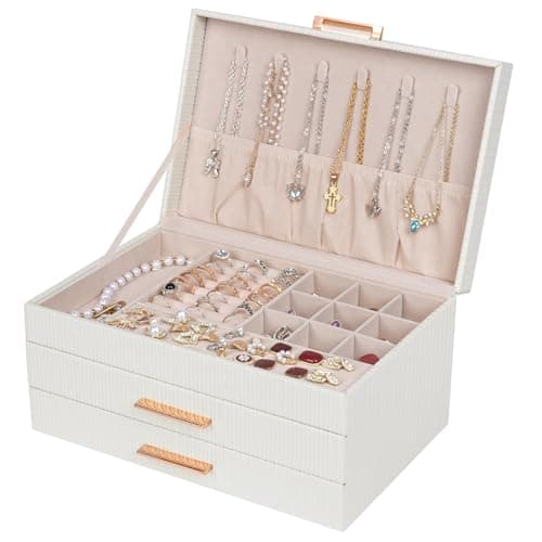 Dajasan Jewelry Boxes for Women, Jewelry Box Organizer with 2 Drawers, 3-Tier Large Jewelry Holder Organizer Box for Necklace Ring Earring Bracelet, Gift Idea, Modern Style (White) - Image 1