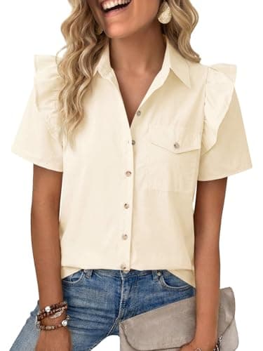 Cicy Bell Womens Ruffle Button Down Shirts Dressy Casual Short Puff Sleeve Cotton Tops Summer Loose Fit V Neck Blouses Beige - Image 1