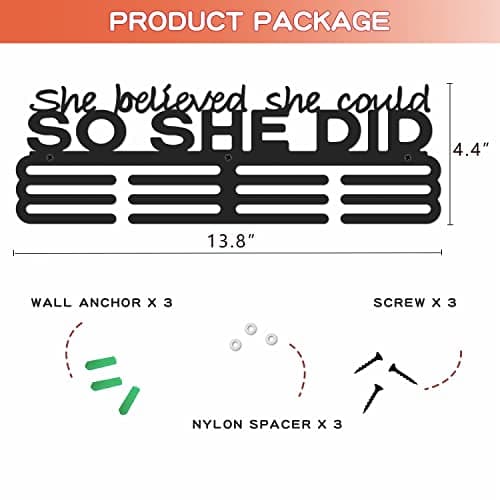 Bliocefo Medals Hanger Display Holder Rack 13.8 inches She Believed She Could Wall Mount Steel Frame Over 60 Medals-Sports Medal Hangers Racks Bib Ribbon with Easy Hanging Bars Black 3 Lines - Thumbnail 2