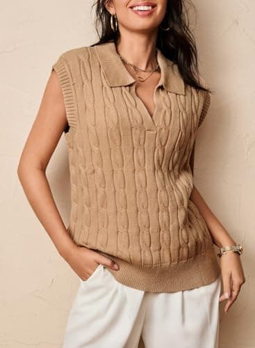 Dokotoo Womens Vest Womens Tops V Neck Lapel Collar Cable Knit Women Vest Cable Knit Summer Sweaters for Women Khaki XX Large - Thumbnail 6
