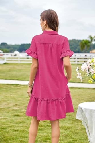 Women's Summer Dresses Casual V Neck Button Down 3/4 Sleeve Floral Print Loose Flowy Shirt Dress 06 Rose Red L - Thumbnail 3