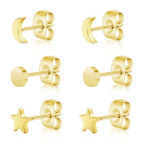 BOGKU 3 Pairs Titanium Stud Earrings Gold Plated Hypoallergenic Women Earrings Nickel Free Earrings for Sensitive Ears Girls Classic Dainty Earring Studs (Dot+Star+Moon) - Image 1